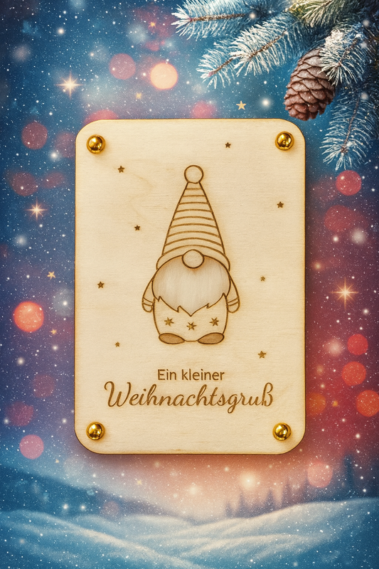 Holz-Geschenkkarte mit Lasergravur – Weihnachtswichtel & „Ein kleiner Weihnachtsgruß“