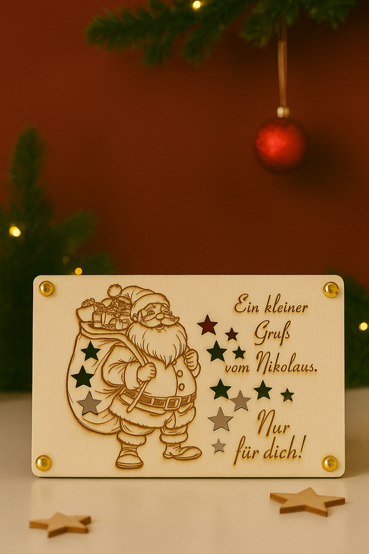 🎅 Nikolaus-Grußkarte aus Holz – Mit Gravur & Platz für Geld oder Gutscheine