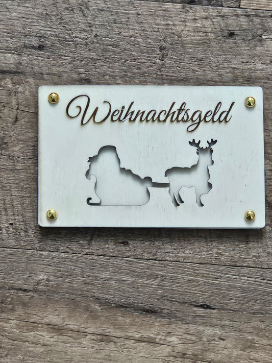 Lasergravierte Weihnachtsgeld-Holzkarte – Rentierschlitten-Design