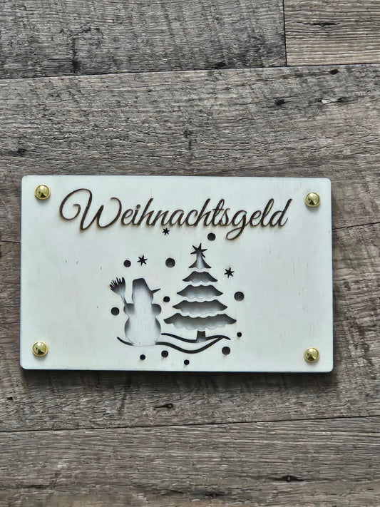 Weihnachtsgeld-Holzkarte – Schneemann & Tannenbaum-Design