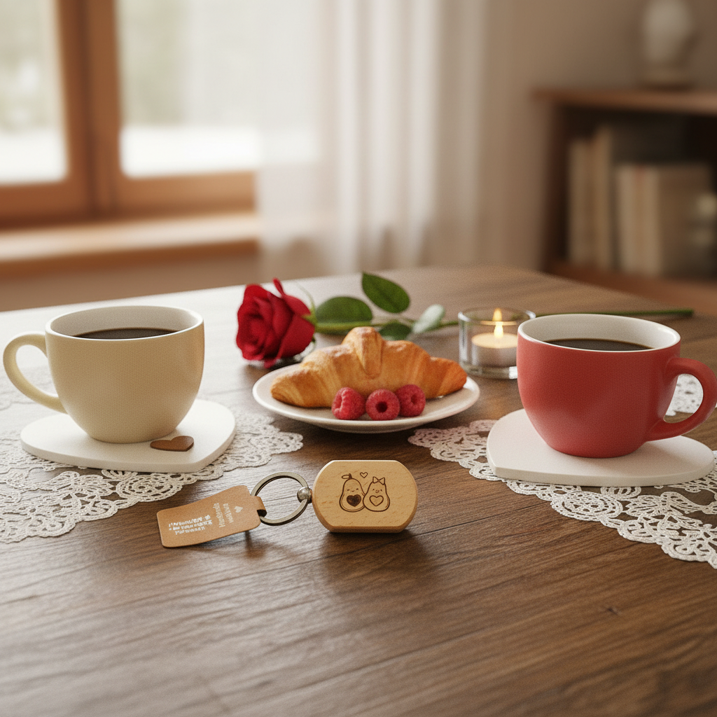 Avocado-Pärchen Schlüsselanhänger auf romantischem Tisch mit zwei Kaffeetassen