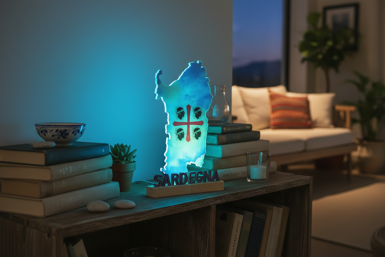 LED-Lampe Sardinien Flagge im Wohnzimmer mit mediterraner Deko
