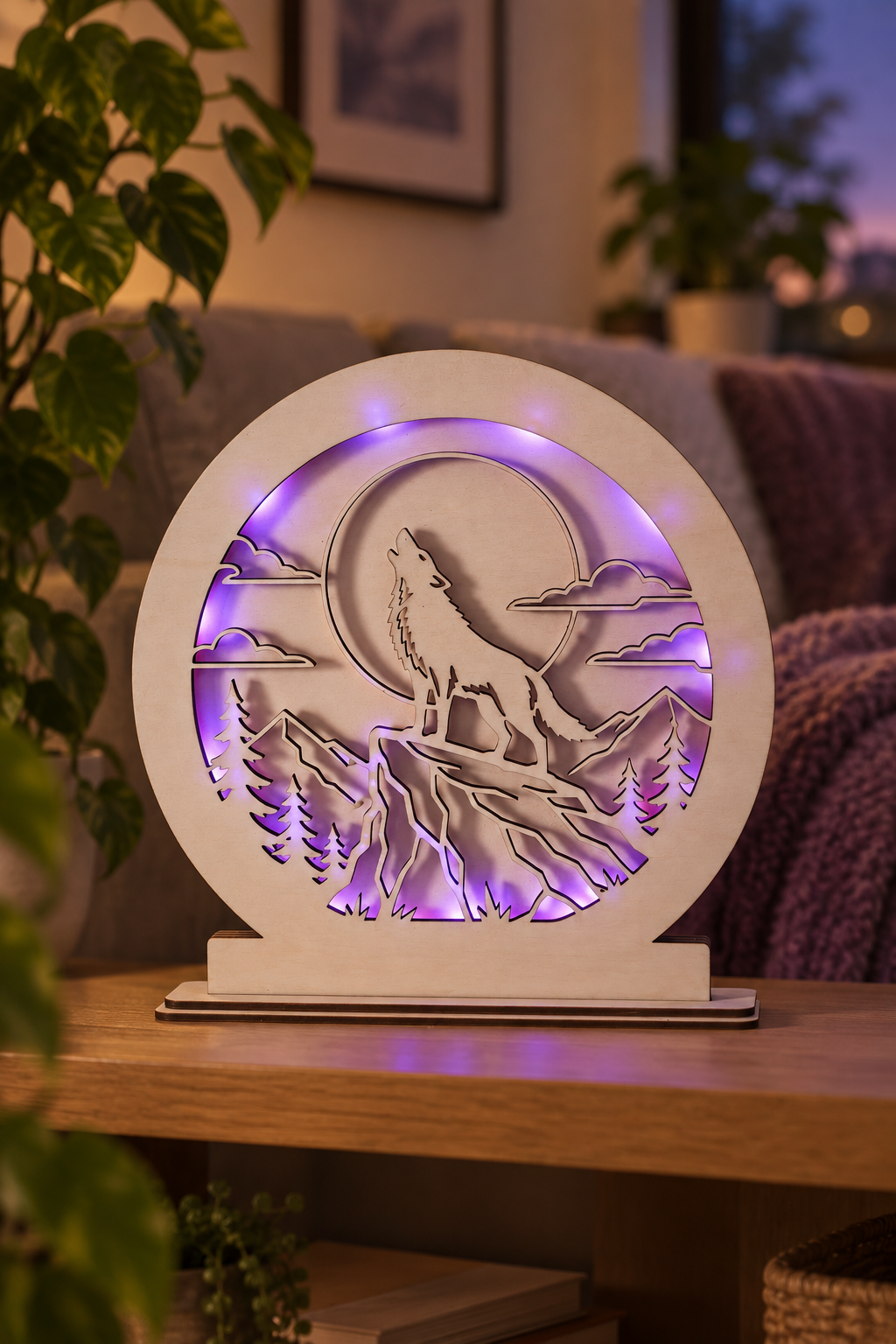 Wolf-Lampe mit violettem RGB-Licht auf einem Regal