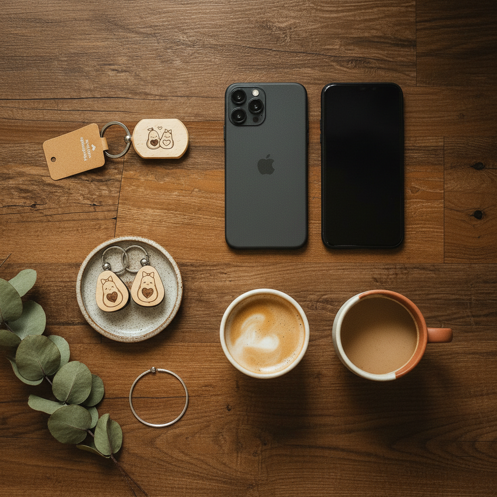 Flat Lay Paar-Accessoires mit Avocado Schlüsselanhängern und Smartphones