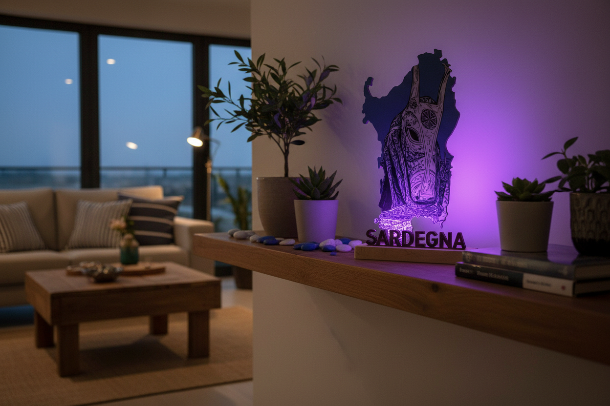 LED-Lampe Maschera Tradizionale im Wohnzimmer mit mediterraner Deko