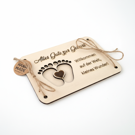 Holzkarte zur Geburt handgefertigt - Geldgeschenk Baby mit Fußabdrücken