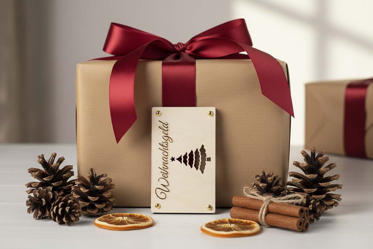 Holztafel Weihnachtsgeld als Geschenk verpackt