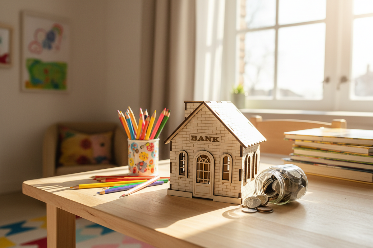 Spardose Bank auf Kinderschreibtisch mit Münzen