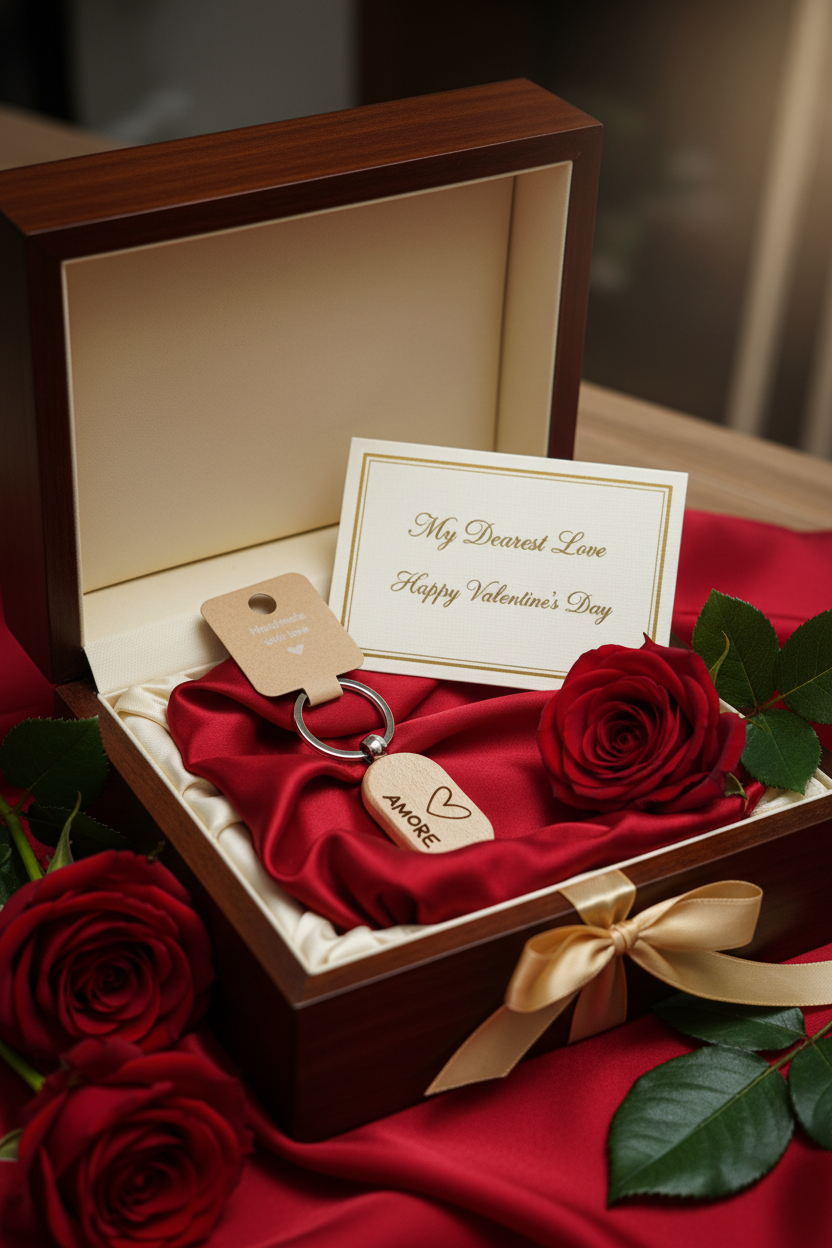 Luxus-Geschenkbox mit AMORE Schlüsselanhänger, roten Rosen und Karte