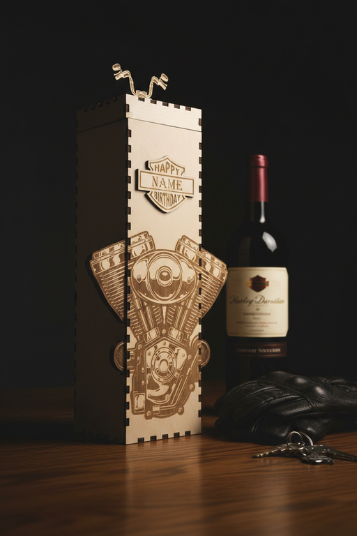 Weinflaschenbox Holz Harley Motor – Tavolo scuro con vino e chiavi moto
