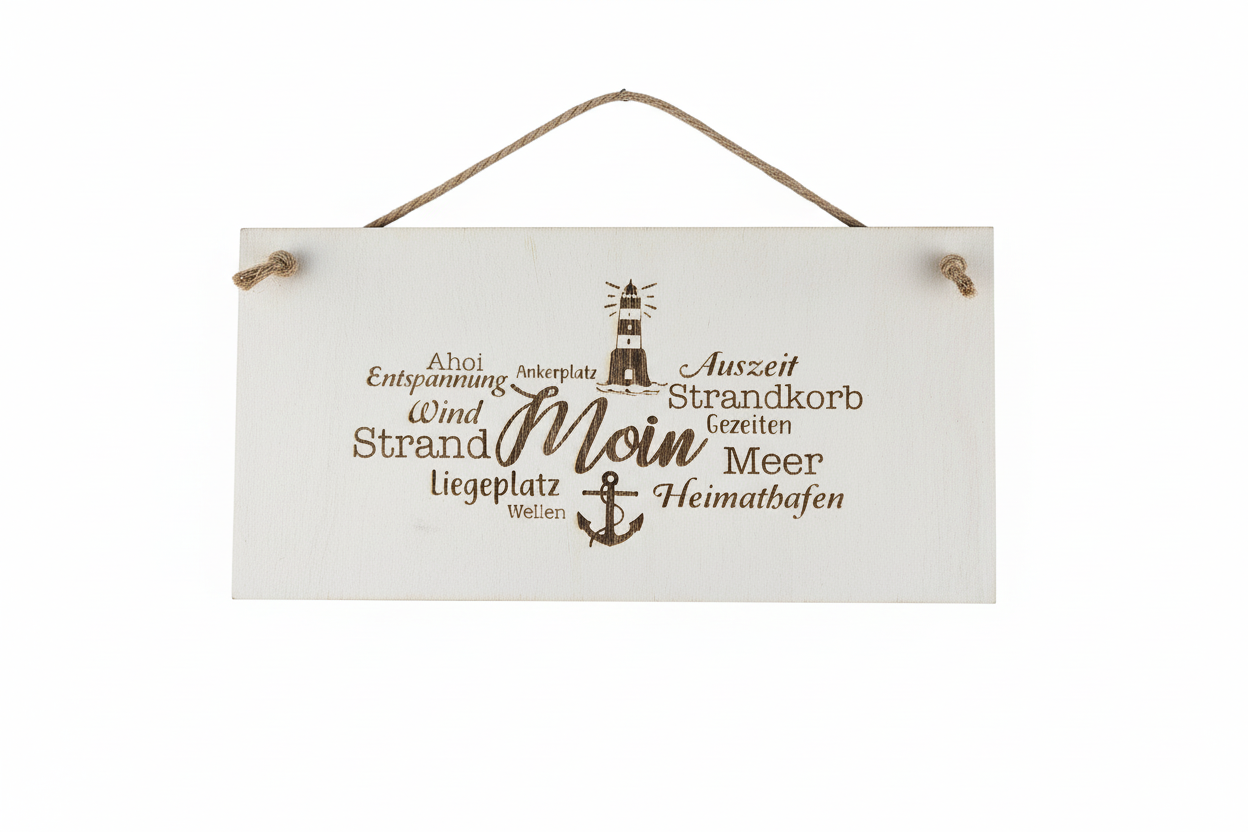 Holzschild Moin Wortwolke – Produktfoto weißer Hintergrund
