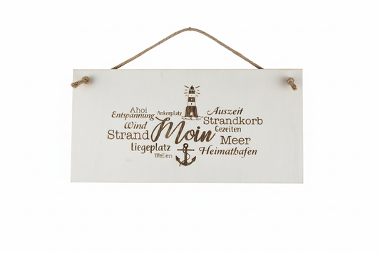 Holzschild Moin Wortwolke – Produktfoto weißer Hintergrund