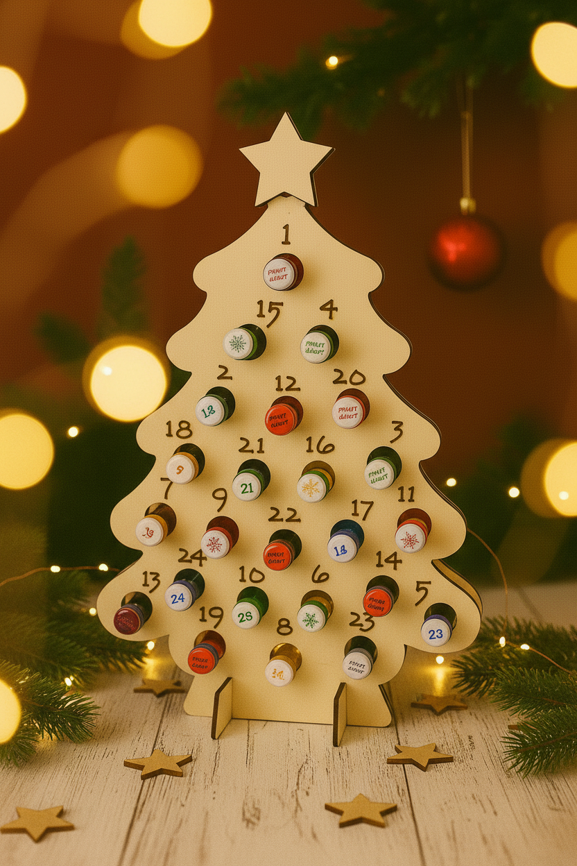 Holz-Adventskalender Weihnachtsbaum mit bunten Bottigliette auf rustikalem Tisch