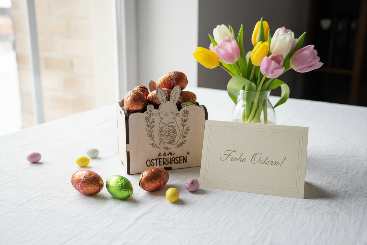 Ostergeschenk mit Holzbox und Frühlingsblumen