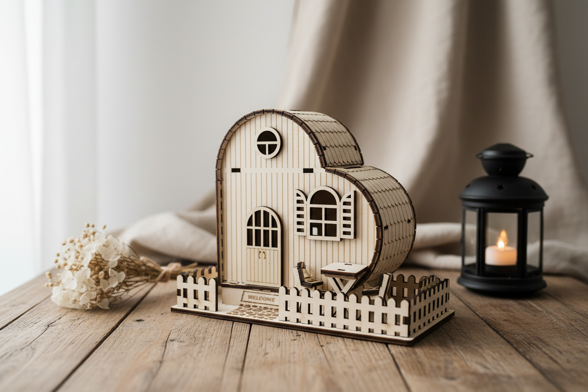 Spardose Herzhaus auf Holztisch mit Wohndeko