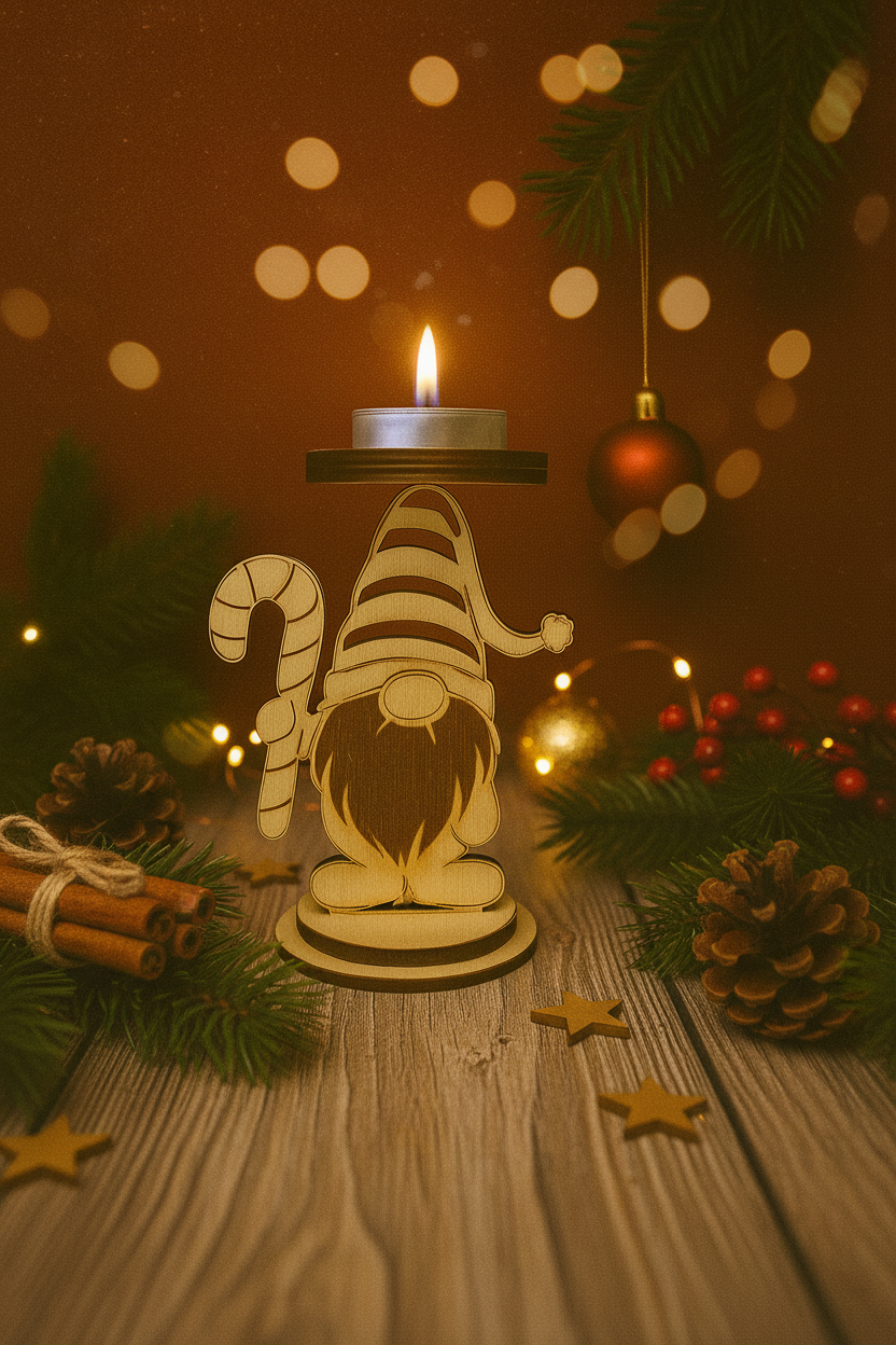 Holz-Teelichthalter Weihnachtsgnome mit Zuckerstange auf rustikalem Tisch