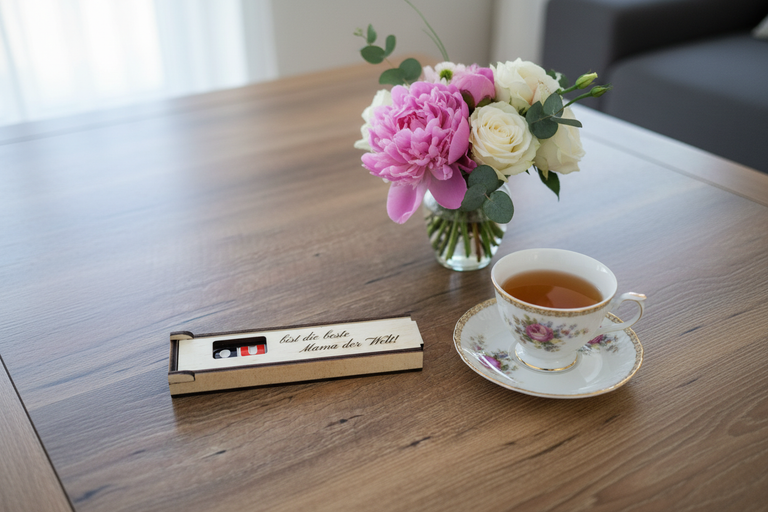 Holzgeschenk Mama auf elegantem Tisch mit Blumen und Tee - Muttertag