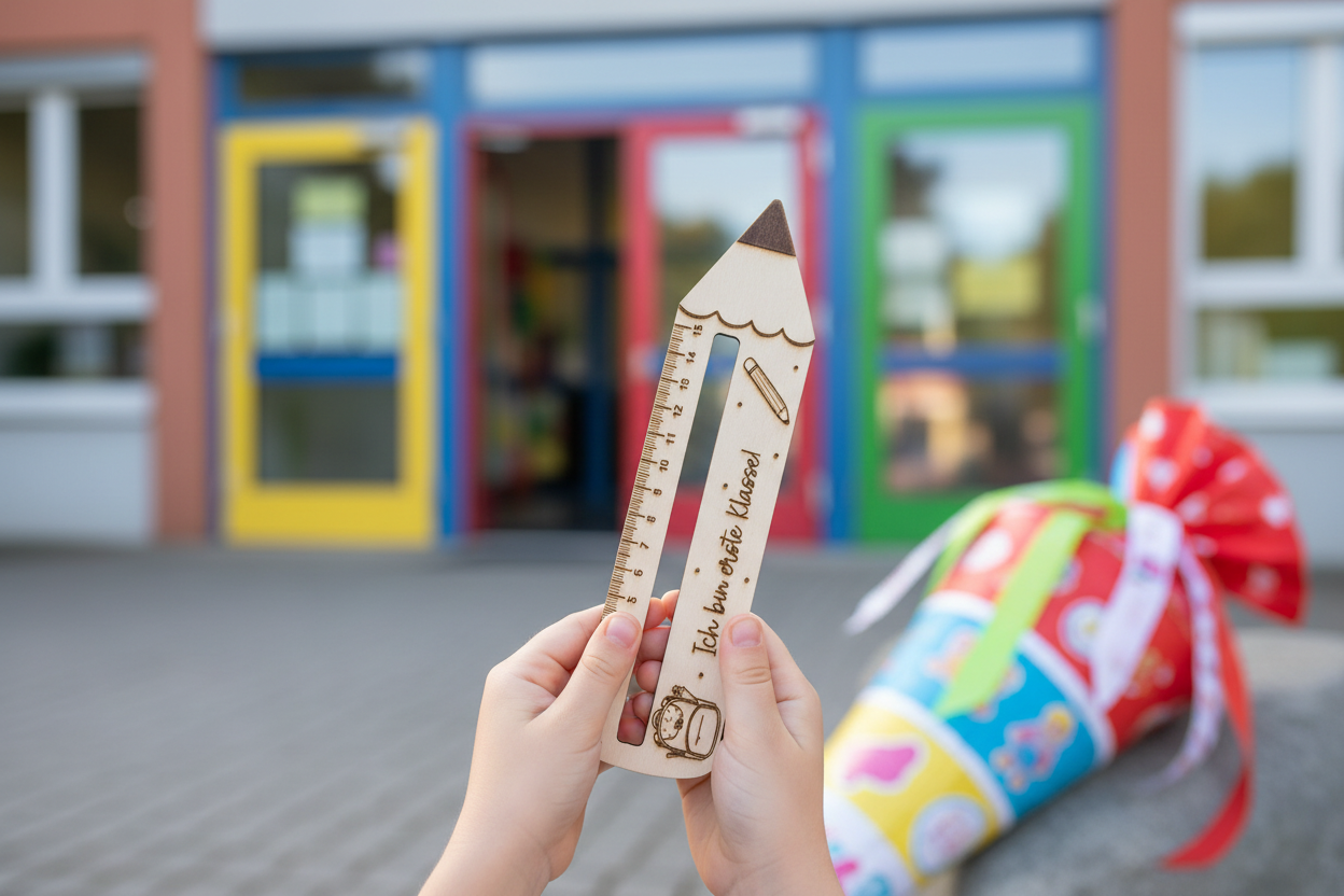 Kind hält Holzlineal Schulranzen am ersten Schultag