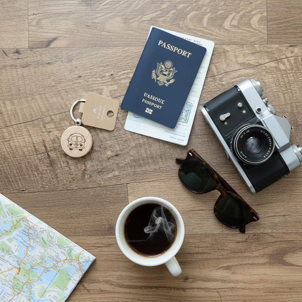 Flat Lay Reisender mit Bus-Schlüsselanhänger, Reisepass, Kamera und Sonnenbrille