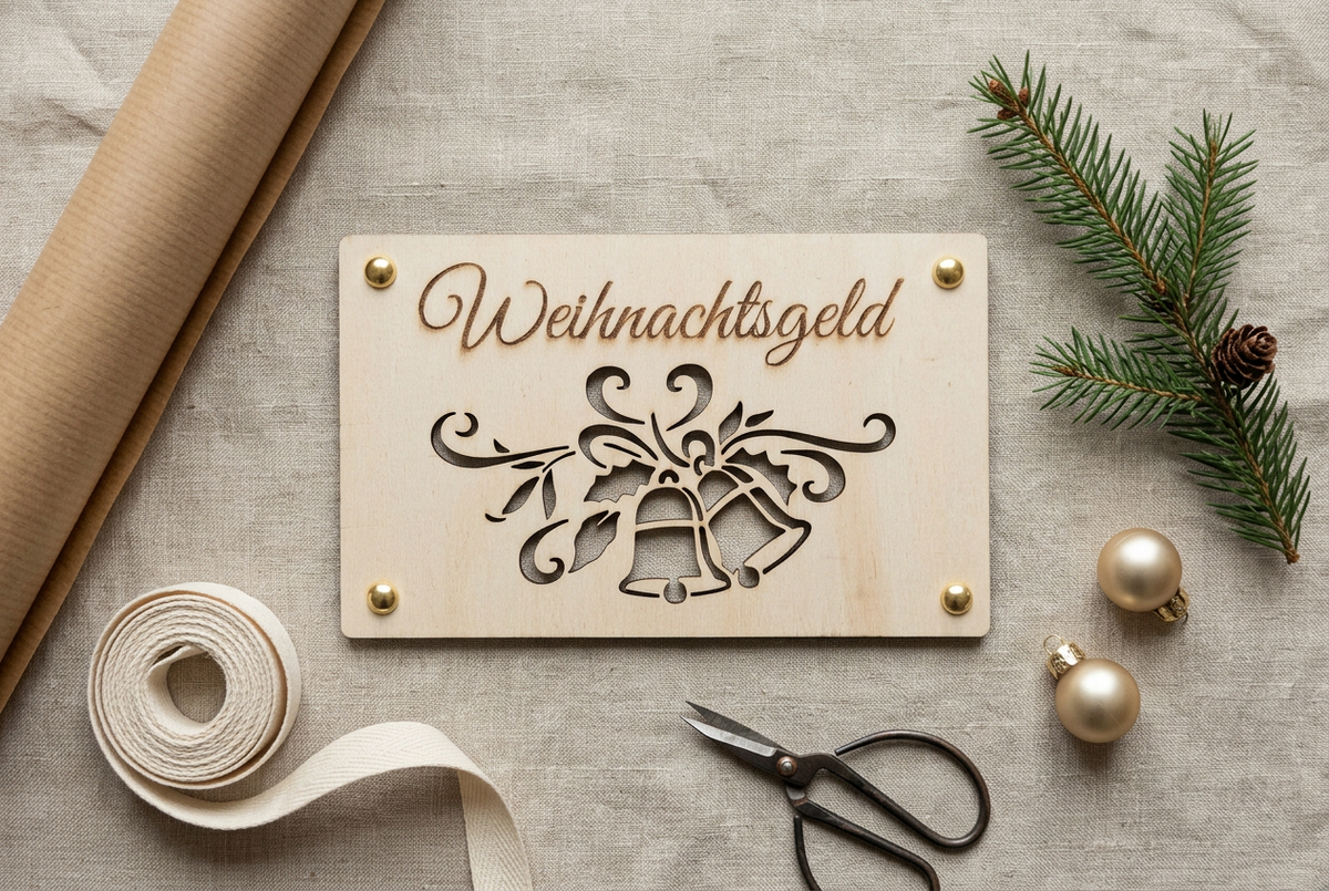 Geldgeschenk aus Holz auf einem weihnachtlich dekorierten Geschenktisch
