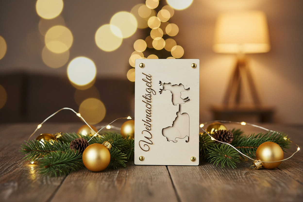 Holztafel Weihnachtsgeld mit Weihnachtsdekoration und Lichtern