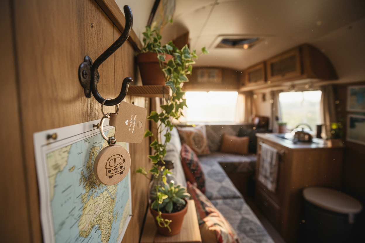 Bus-Schlüsselanhänger im Camper Van Interior mit Pflanzen und Karten