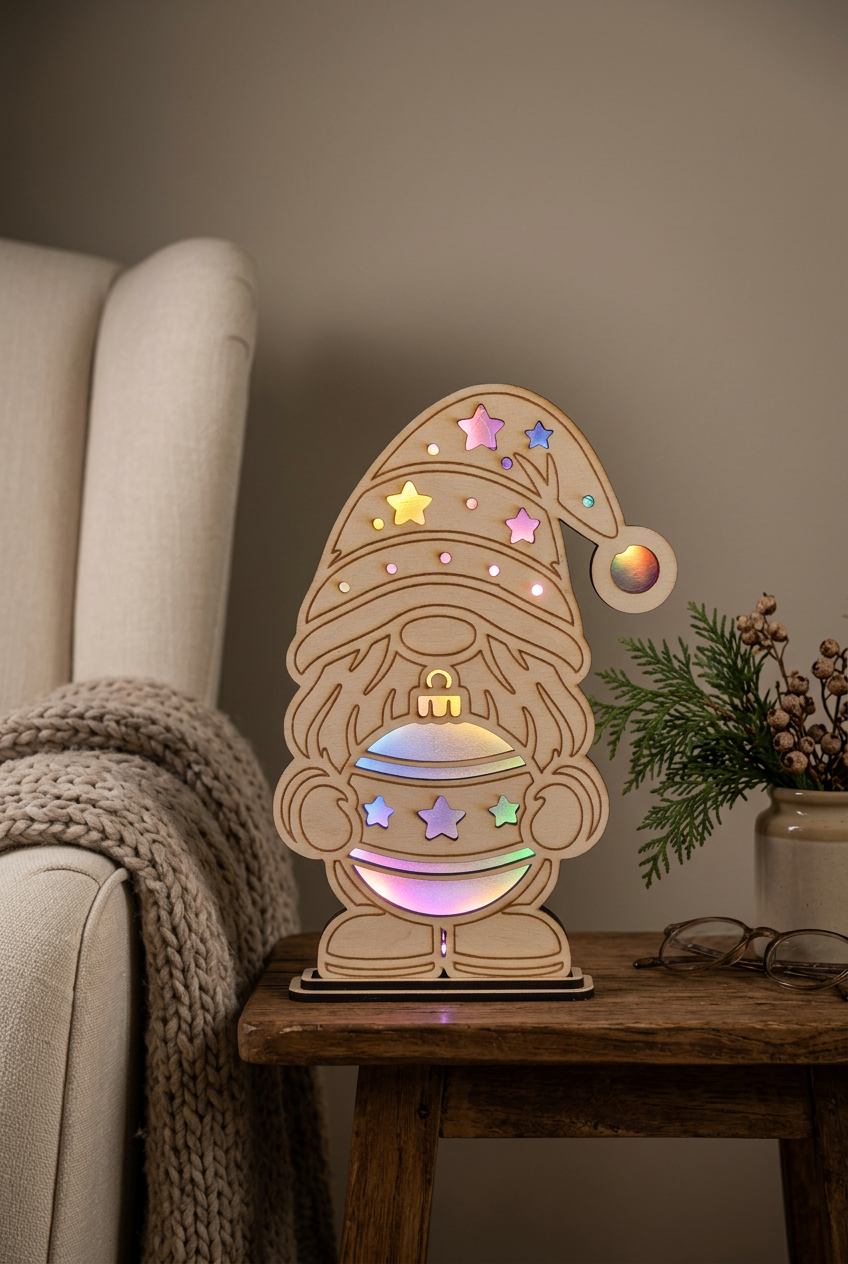 LED-Wichtel mit bunten Lichtern in einer gemütlichen Leseecke