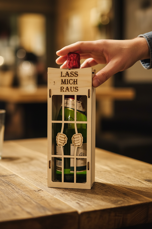 Detailaufnahme Lasergravur LASS MICH RAUS - Lifestyle Foto