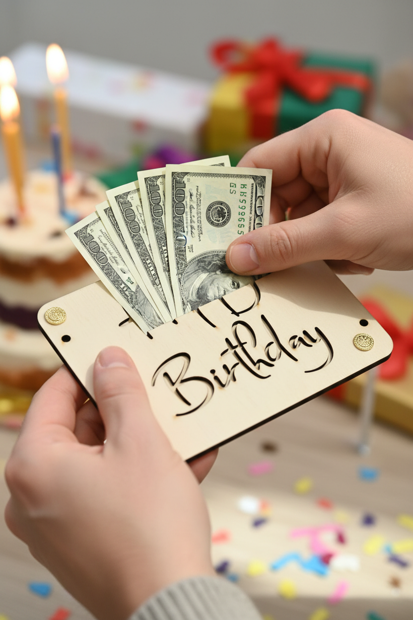 Geldgeschenk kreativ - Geldscheine in Happy Birthday Holzkarte einstecken