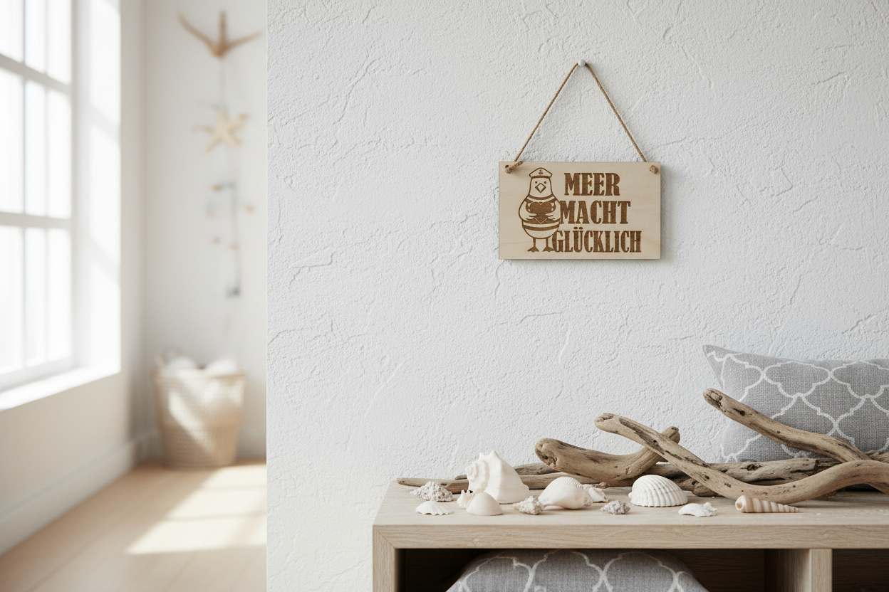 Holzschild Meer macht glücklich – Lifestyle Innenraum