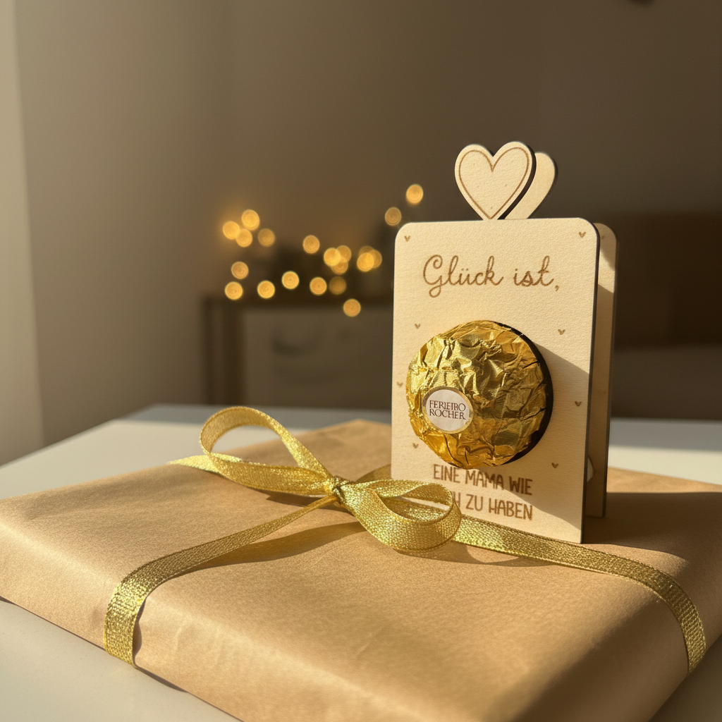 Holz-Pralinenhalter auf Geschenkpapier mit goldenem Licht