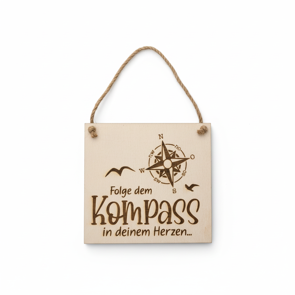 Holzschild Folge dem Kompass – Produktfoto weißer Hintergrund