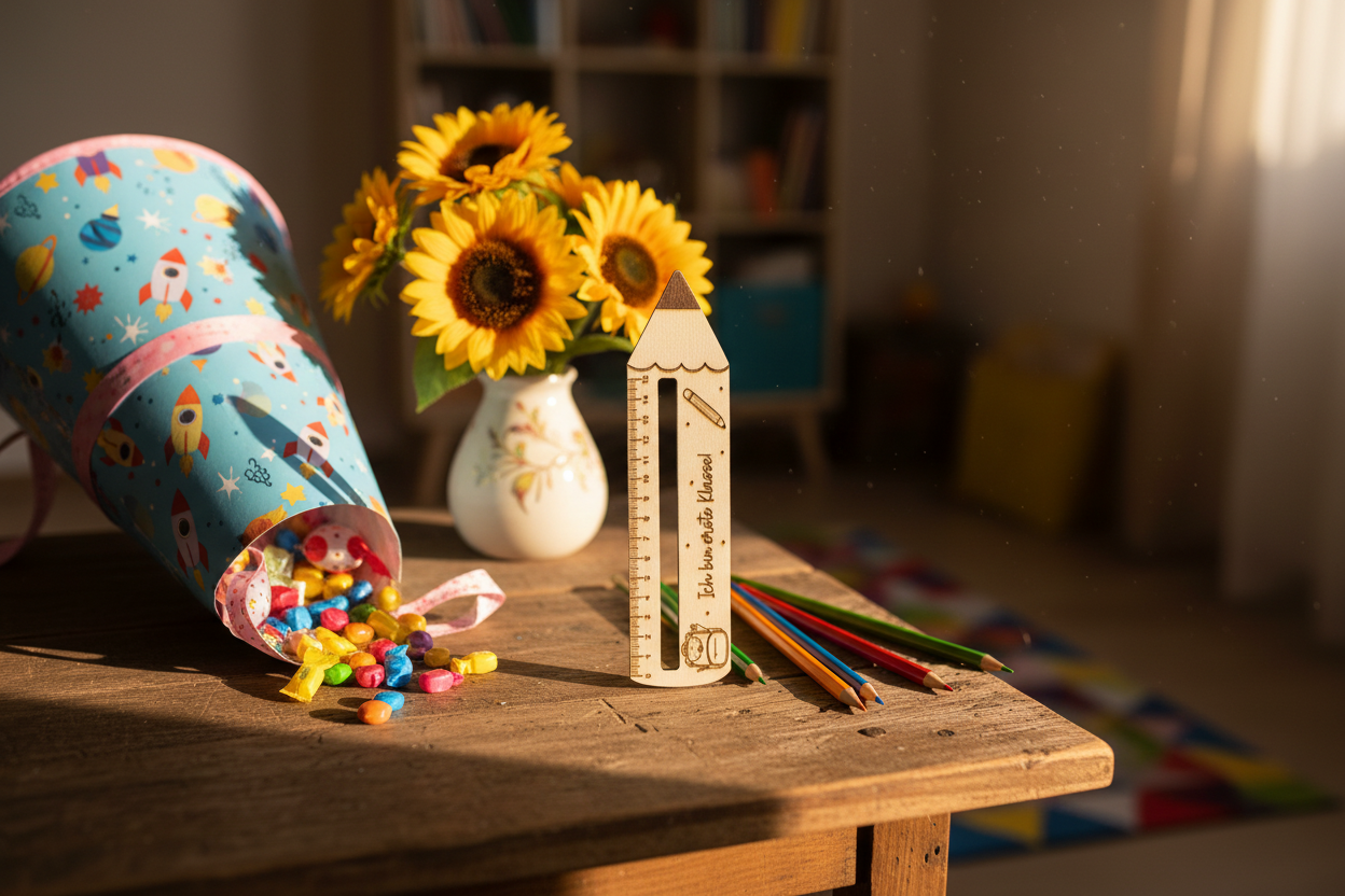 Holzlineal Schulranzen lifestyle mit Schültüte und Sonnenblumen
