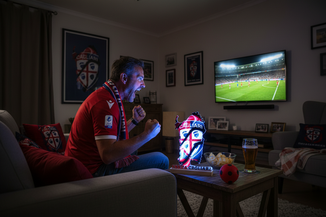 Cagliari Fan schaut Spiel mit LED-Lampe