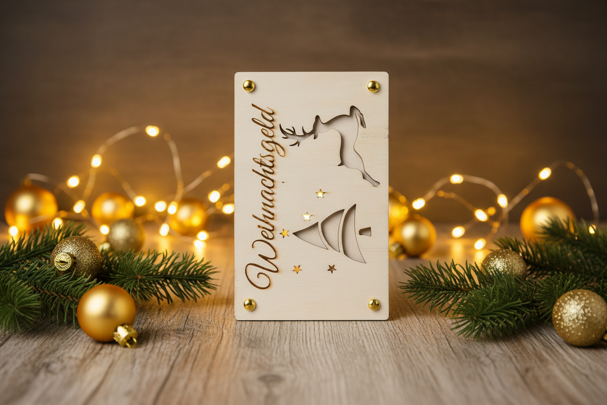 Holztafel Weihnachtsgeld Weihnachtsbaum Rentier mit Weihnachtsdekoration