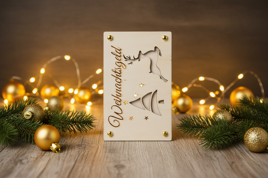 Holztafel Weihnachtsgeld Weihnachtsbaum Rentier mit Weihnachtsdekoration