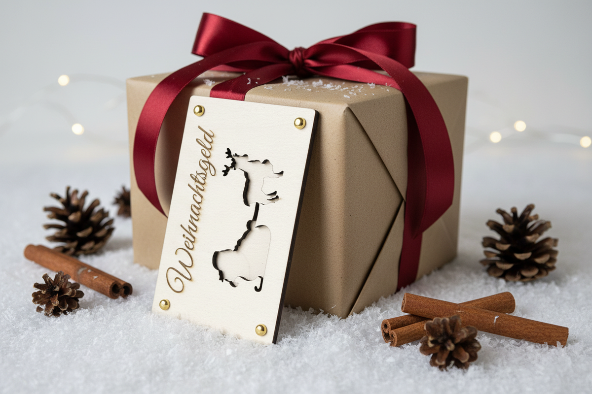 Holztafel Weihnachtsgeld als Geschenk mit Kraftpapier