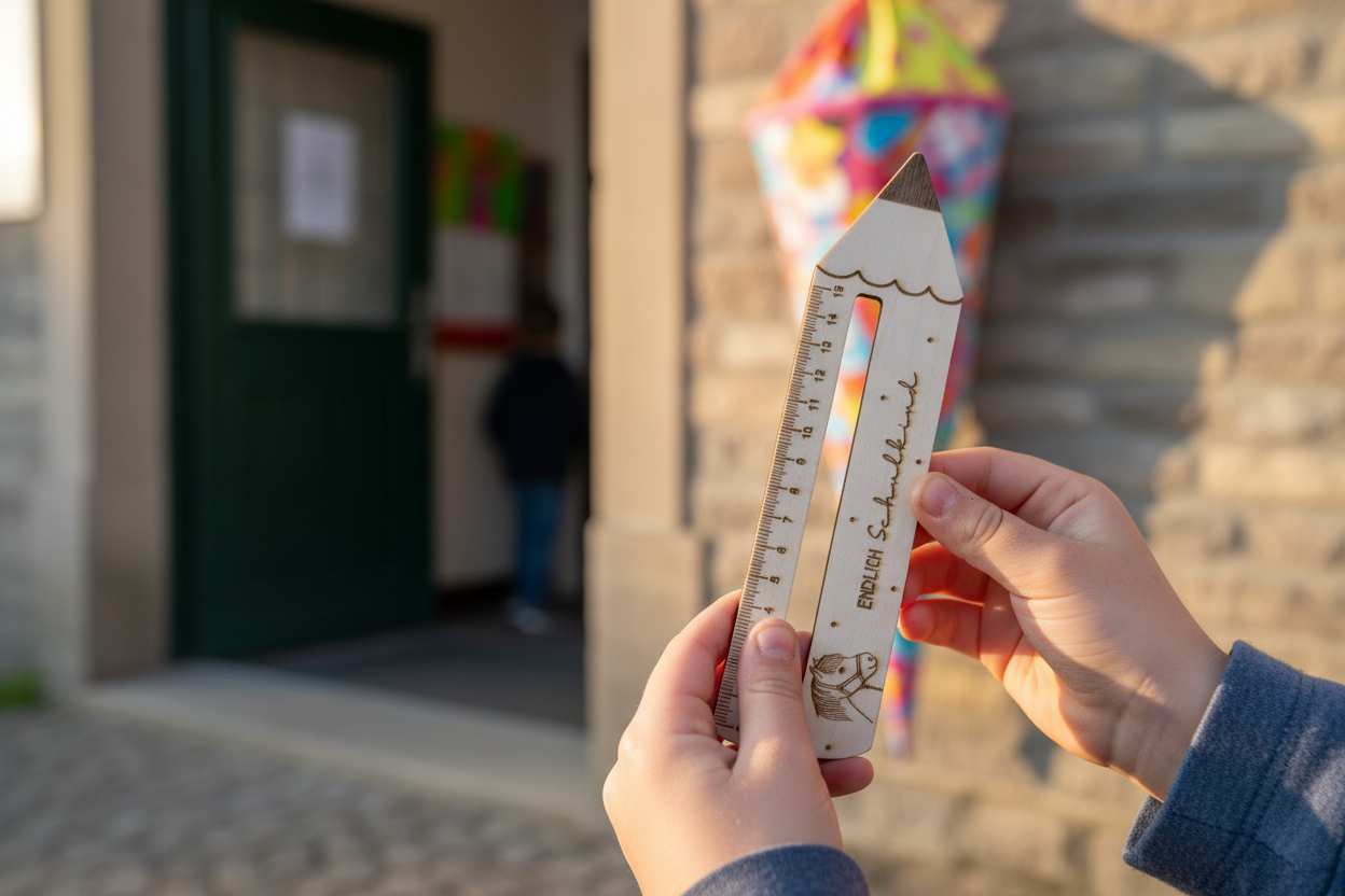 Kind hält Holzlineal Pferd am ersten Schultag