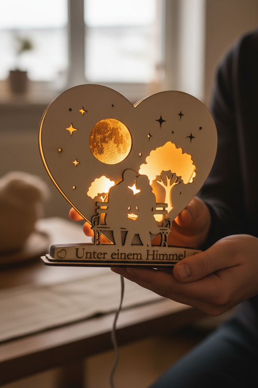 Dettaglio lampada in legno con luce LED - regalo artigianale