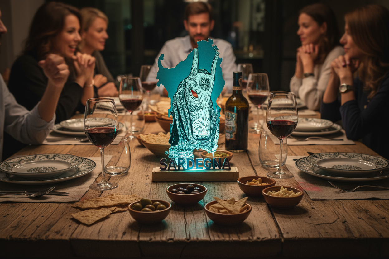 LED-Lampe Maschera Tradizionale beim mediterranen Dinner