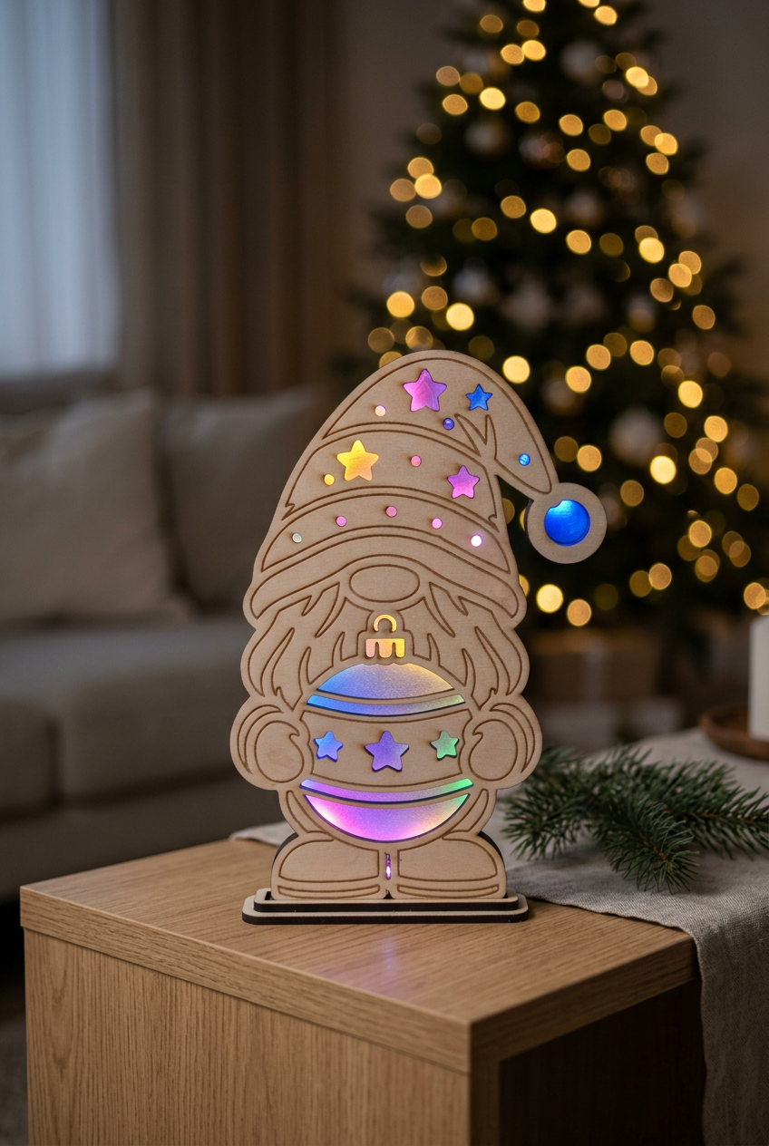 LED-Wichtel aus Holz auf einer Konsole im gemütlichen Wohnzimmer