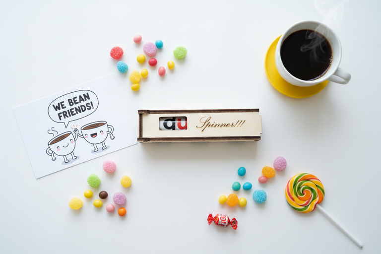 Flat Lay mit Holzgeschenk Du Spinner, Grußkarte und Süßigkeiten