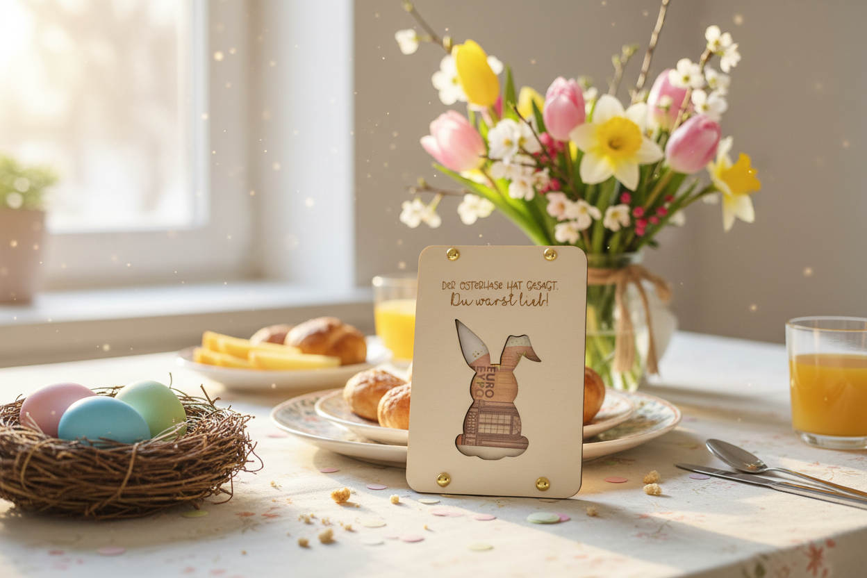 Osterkarte auf Ostertisch mit Frühlingsblumen und Osterdeko