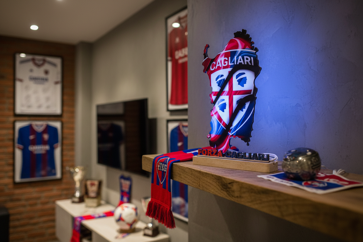 LED-Lampe Forza Cagliari im Fanzimmer mit Cagliari Memorabilia