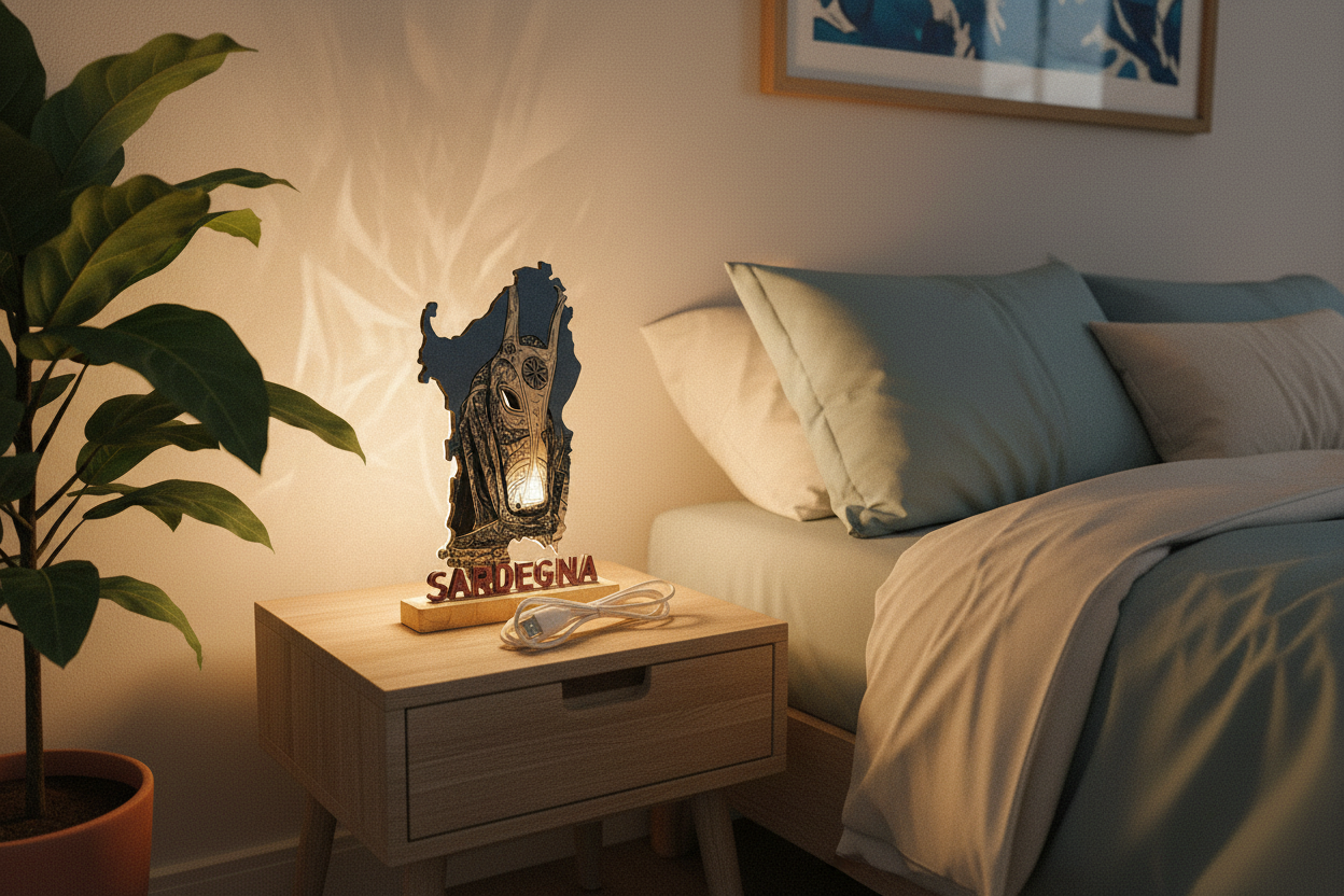 LED-Lampe Sardinien Maschera Tradizionale auf Nachttisch im Schlafzimmer