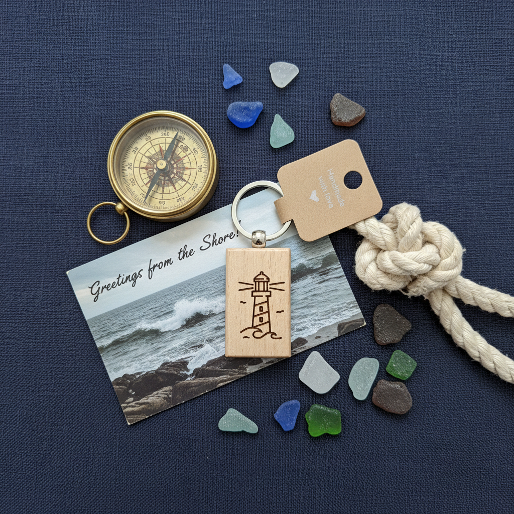 Flat Lay maritim mit Leuchtturm-Schlüsselanhänger, Vintage-Kompass und Seemannsknoten
