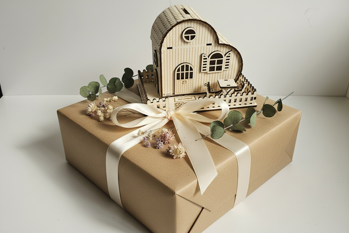 Spardose Herzhaus als Geschenk verpackt