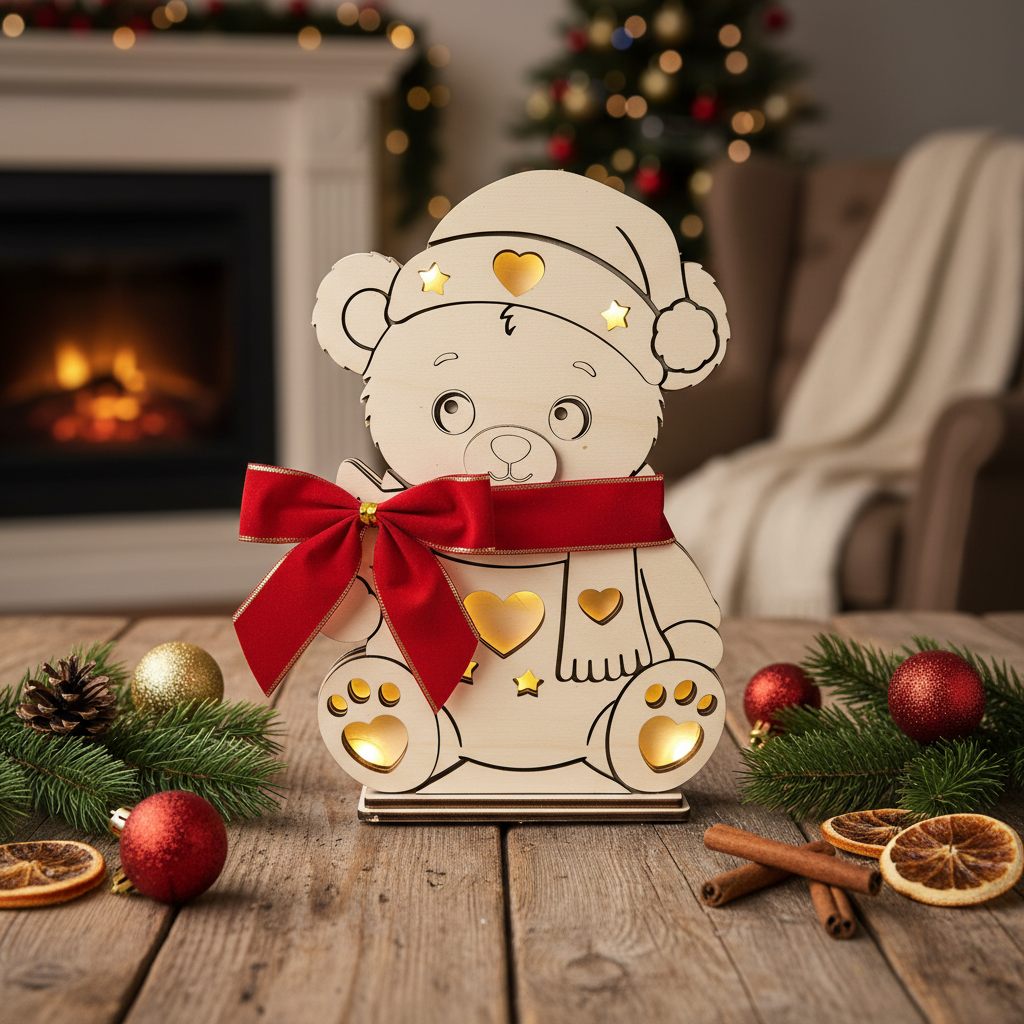 Holz-Teddybär als Weihnachtsgeschenk mit Schleife und Tannenzweigen