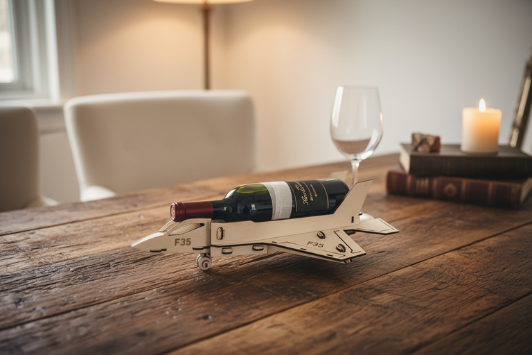 F35 Holzmodell Flaschenhalter auf rustikalem Holztisch mit Rotwein