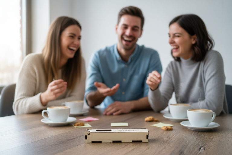 Holzgeschenk Du Spinner auf Tisch mit Kaffeetassen - lustiges Bürogeschenk